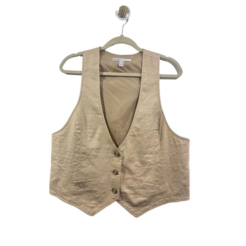 Old Navy Vest Womens Size XL Linen Blend Beige Vneck 3 Button Sleeveless Linen